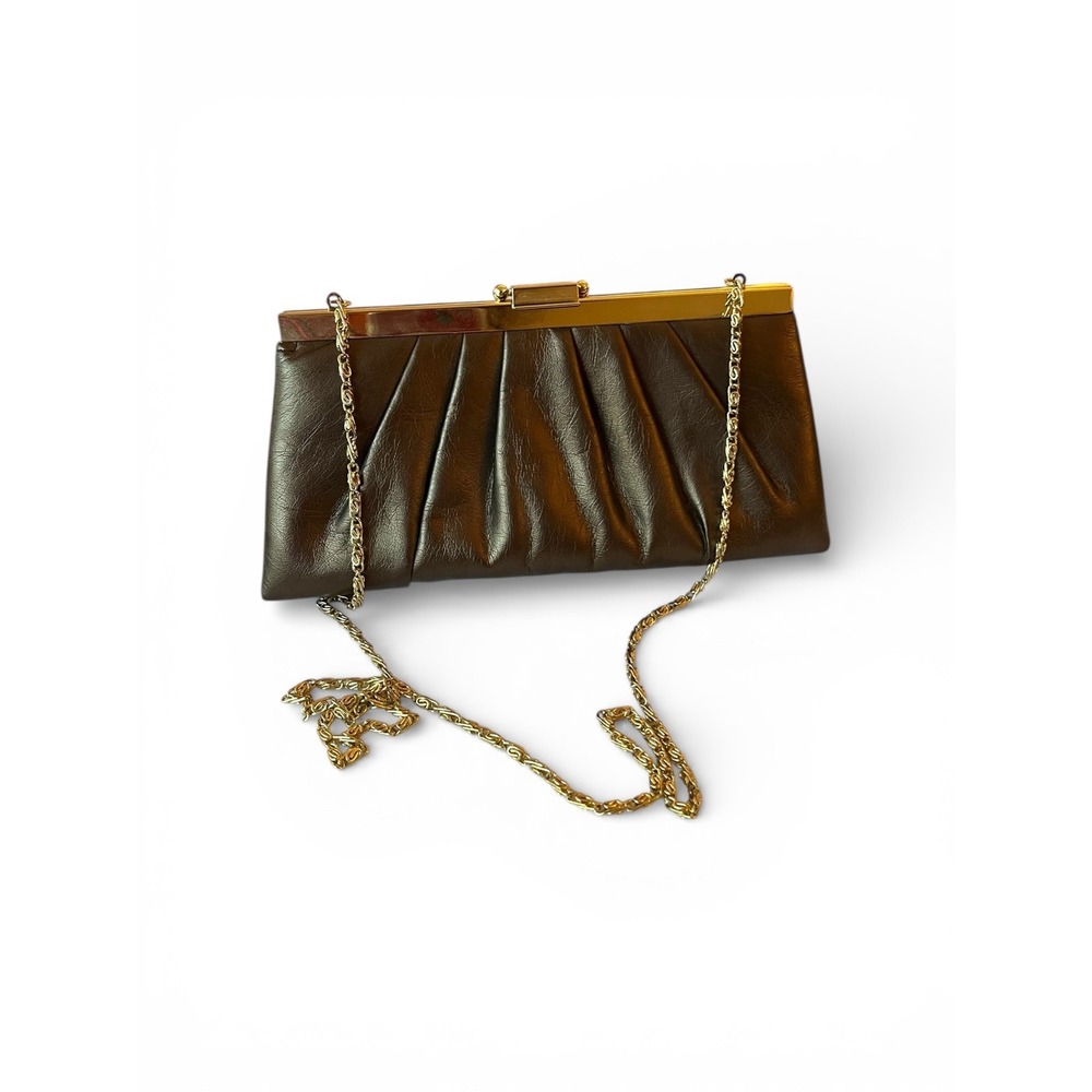 Vintage Jessica McClintock Brown Pleated Evening Clutch Gold‎ Chain Bag y2k